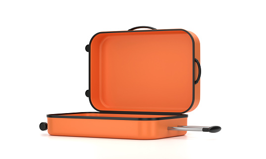 Open Orange Color Suitcase On The White. Travel planning concept.