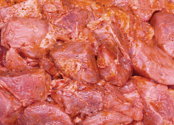 istock Marinated beef or pork or chicken meat background. Meat background. Marinating meat with spices. Pieces of pork or beef meat for barbecue marinated in spices 1999590685