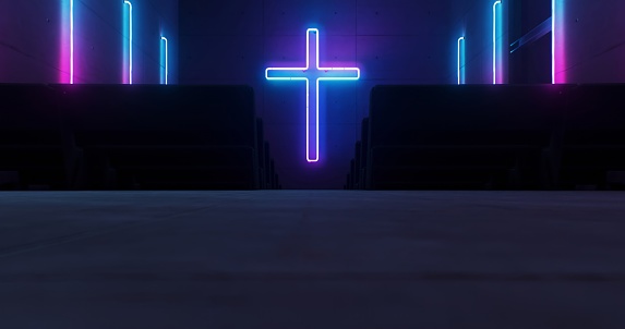 Illuminating the church wall, a radiant neon Christian cross imparts a vibrant and spiritual ambiance.