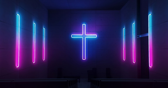 A luminous neon Christian cross casts a vibrant and spiritual atmosphere on the church wall.