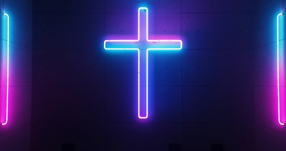 Radiating from the church wall, a glowing neon Christian cross creates a lively and spiritual mood.