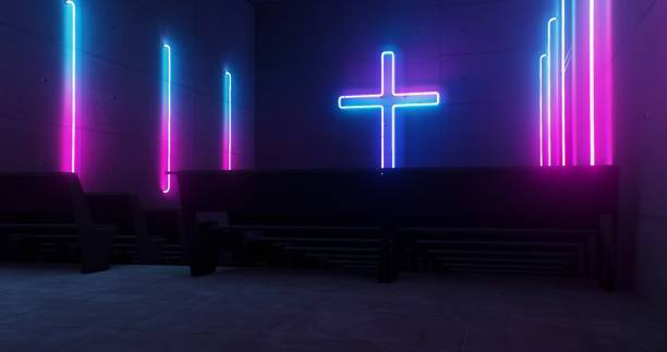 istock Illuminated Christian cross showcased on a church wall. 1999592268