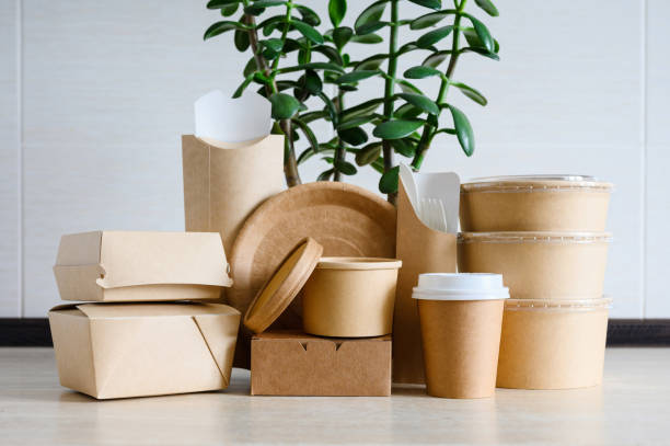 istock A set of disposable paper tableware for a picnic next to a green 1999601058