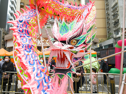 Hong Kong, China - January 28 2024: Day x Night Vibes at Central district event dragon dance decoration.