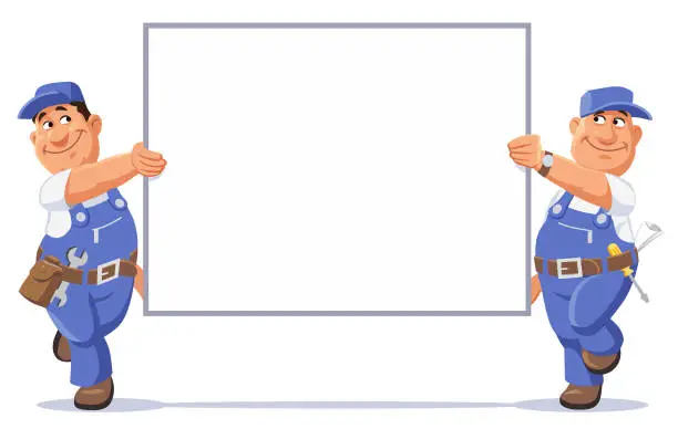 Vector illustration of Two Handymen Carrying A Blank White Sign