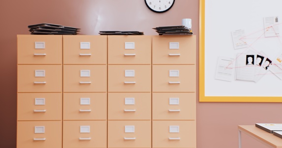 Detective's desk, cluttered with case files, dominates the office, flanked by filing cabinets and a magnetic board.