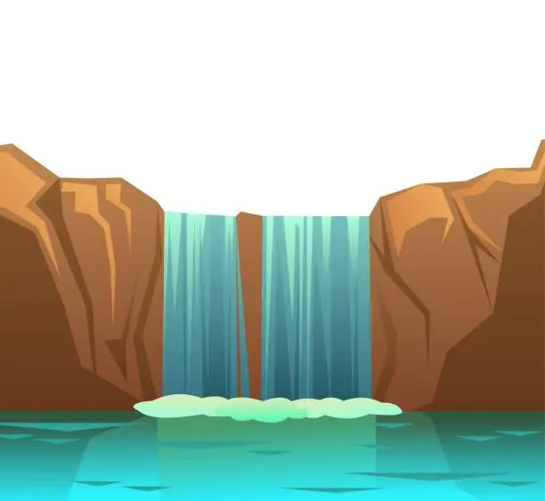 Vector illustration of Waterfall in rocks. Landscape with rocks and river among stones. Water is flowing. Splashes are pouring. Cartoon fun style. Flat design. Isolated on white background. Vector.