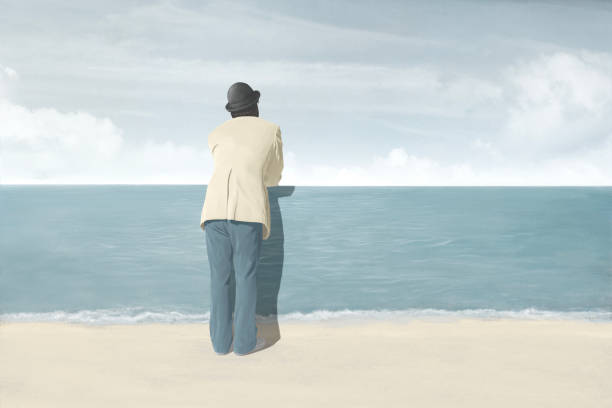 Illustration of man looking beyond the sea, surreal optical illusion perception conceptual Illustration of man looking beyond the sea, surreal optical illusion perception conceptual work motivational quotes stock illustrations