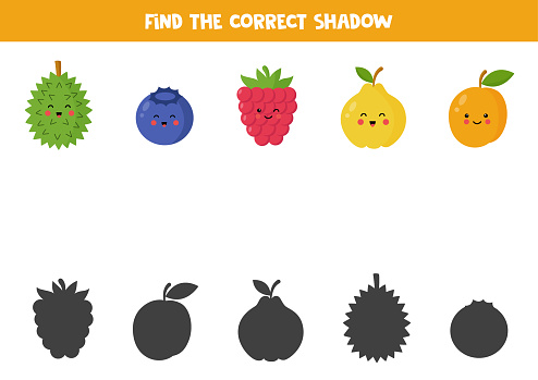 Find shadows of cute kawaii fruits and berries. Educational logical game for kids. Printable worksheet for preschoolers.