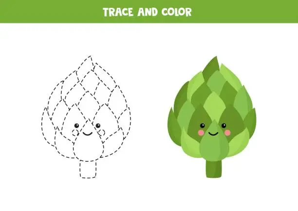 Vector illustration of Trace and color cute artichoke. Printable worksheet for children.