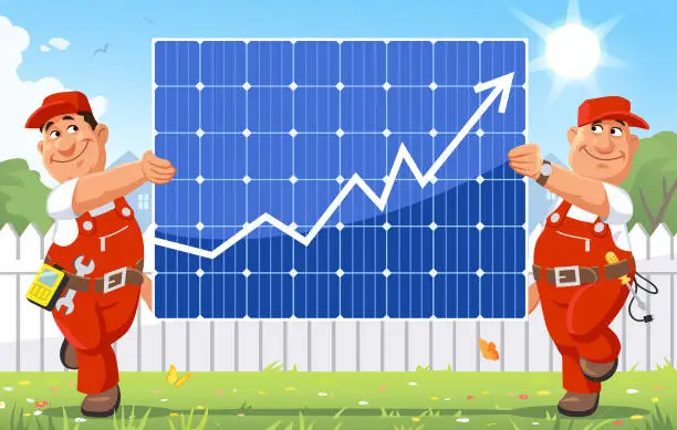 Vector illustration of Engineers Carrying A Solar Panel With Growing Chart