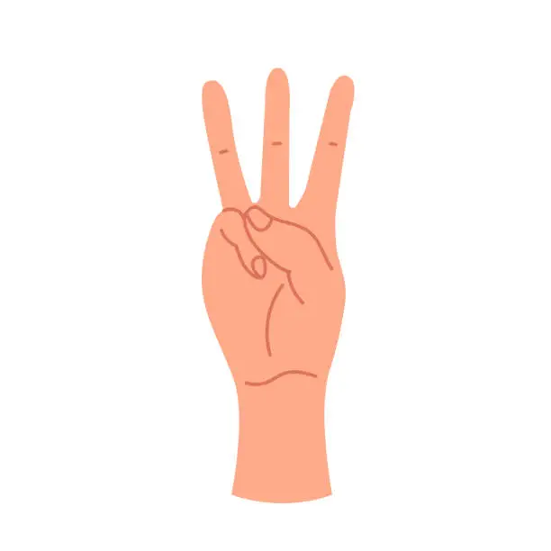 Vector illustration of A human hand gesture showing the score on the fingers. The hand shows the number three