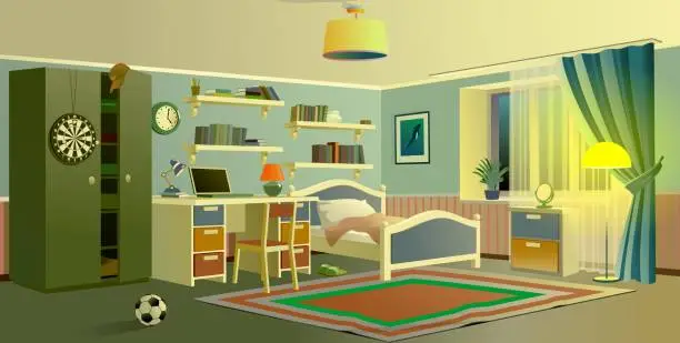 Vector illustration of Teenager room. Evening, floor lamp.