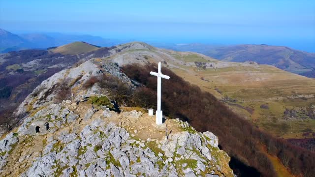 Aerial drone view of the cross on Mount Ernio or Hernio in Gipuzkoa