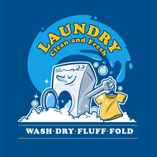 Vector illustration of washing machine mascot cartoon laundry washes t-shirt with bubbles