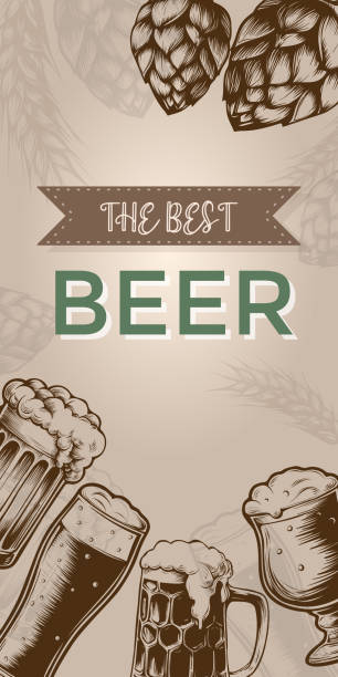 крафтовый хмель и пшеница, баннеры пивоварни натурального пива ячменя, нарисованная от руки векторная иллюстрация. набор баннеров или плак - mug beer barley wheat stock illustrations