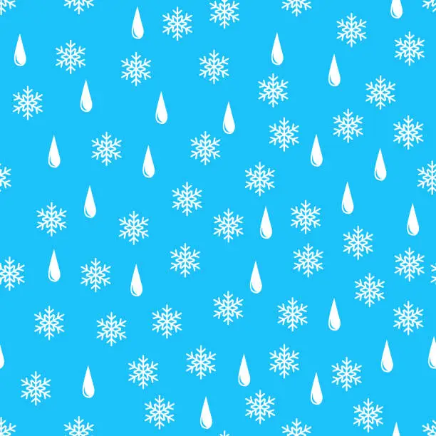 Vector illustration of Snowflakes and raindrops on a blue background. Spring seamless pattern.
