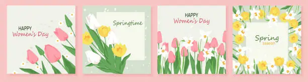 Vector illustration of Beautiful set of cards with early spring garden flowers. Frame with blooming tulips and daffodils. Vector template design for banner, invitation, social media post. Spring time floral design elements