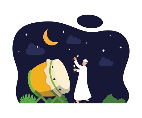 Muslim hitting bedug at night flat 2d vector illustration