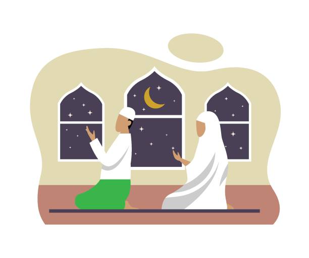 Muslim man and his wife doing prayer together – Vektorgrafik