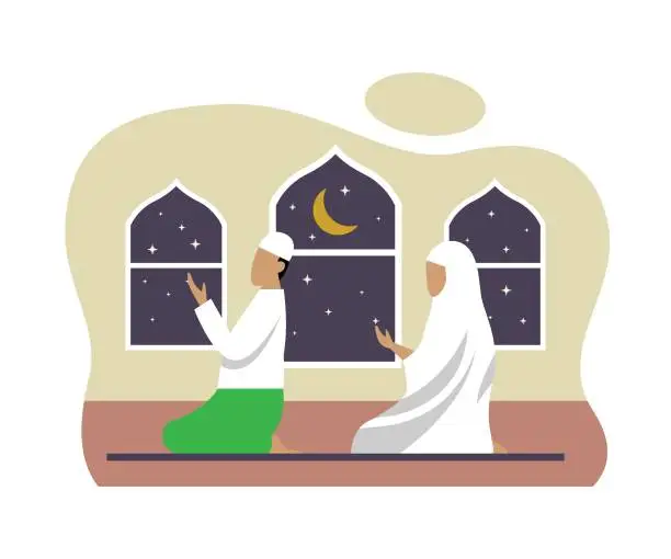 Vector illustration of Muslim man and his wife doing prayer together