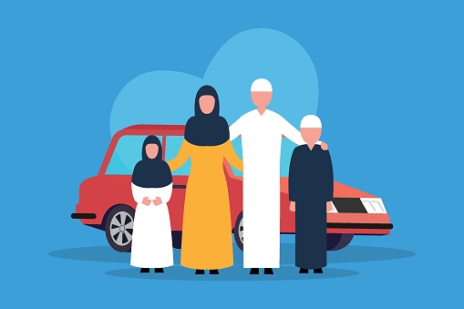 Muslim people father, mother, son and daughter standing together near the car  flat 2d vector illustration