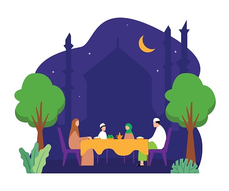 Muslim family break fasting in a holy month with mosque background flat 2d vector illustration
