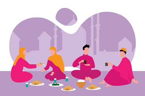 Muslim friends break fasting in a holy month with mosque background flat 2d vector illustration