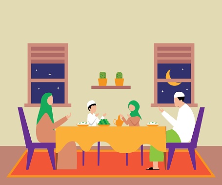 Muslim family break fasting in a holy month at home flat 2d vector illustration