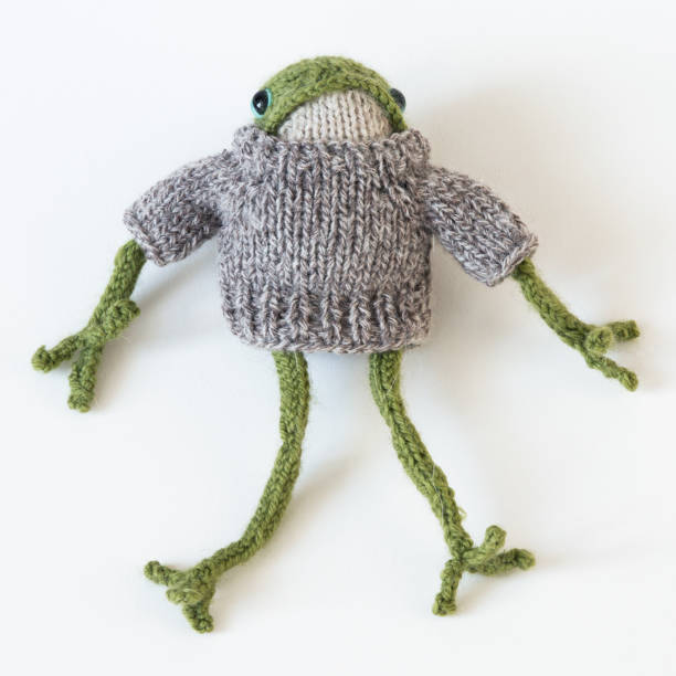 istock Knitted green frog in a brown sweater 1999765631