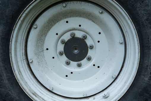 White wheel hub of a tractor.