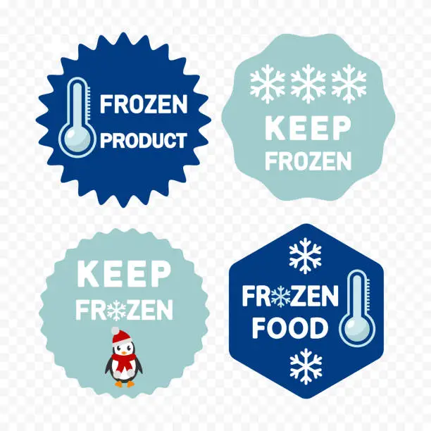 Vector illustration of Frozen food label, packaging and storage, sticker with snowflake and thermometer.