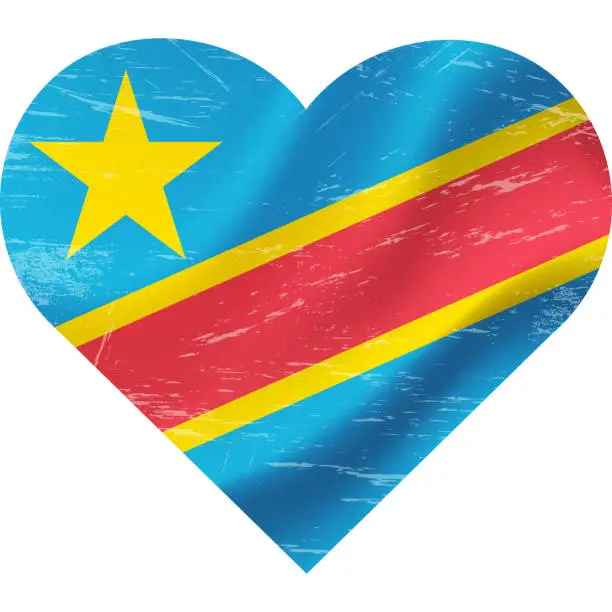 Vector illustration of Democratic Republic of the Congo flag in heart shape grunge vintage. DRC flag heart. Vector flag, symbol.