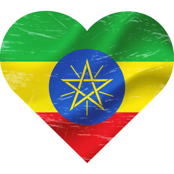 Vector illustration of Ethiopia flag in heart shape grunge vintage. Ethiopian flag heart. Vector flag, symbol.