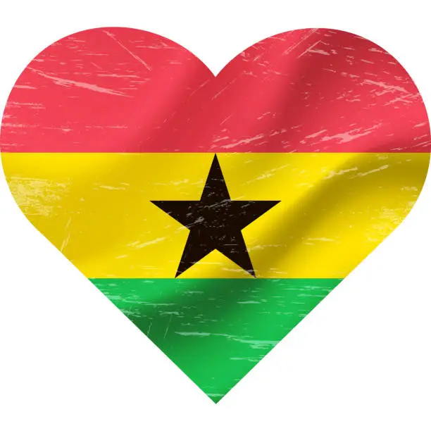 Vector illustration of Ghana flag in heart shape grunge vintage. Ghana flag heart. Vector flag, symbol.