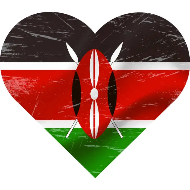 Vector illustration of Kenya flag in heart shape grunge vintage. Kenyan flag heart. Vector flag, symbol.