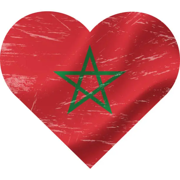 Vector illustration of Morocco Flag in heart shape grunge vintage. Moroccan Flag Heart. Vector flag, symbol.