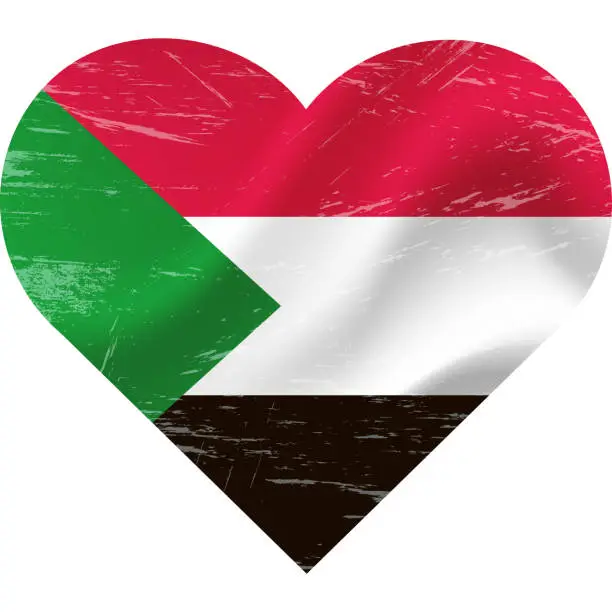 Vector illustration of Sudan flag in heart shape grunge vintage. Sudan flag heart. Vector flag, symbol.