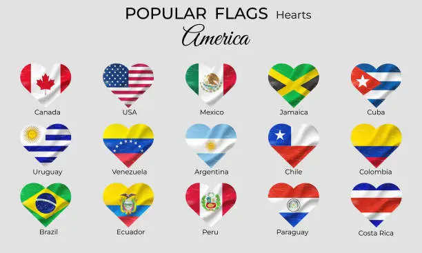 Vector illustration of Flags of American countries. Flag in heart shape grunge vintage. America flag icon set. Vector flags isolated