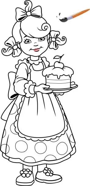 Vector illustration of Girl with chocolate cake. Coloring book for children.