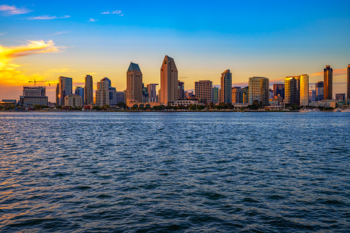 Sunset skyline of San Diego downtown viewed from Coronado Island.