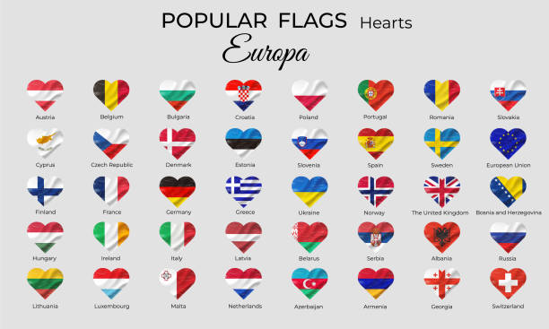 ヨーロッパ諸国の国旗。ハート型のグランジビンテージの旗。ヨーロッパの国旗のアイコンを設定します。ベクター分離 - flag greece european union flag coat of arms点のイラスト素材／クリップアート素材／マンガ素材／アイコン素材