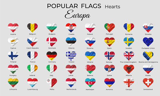 Flags of European countries. Flag in heart shape grunge vintage. Europe flag icon set. Vector isolated