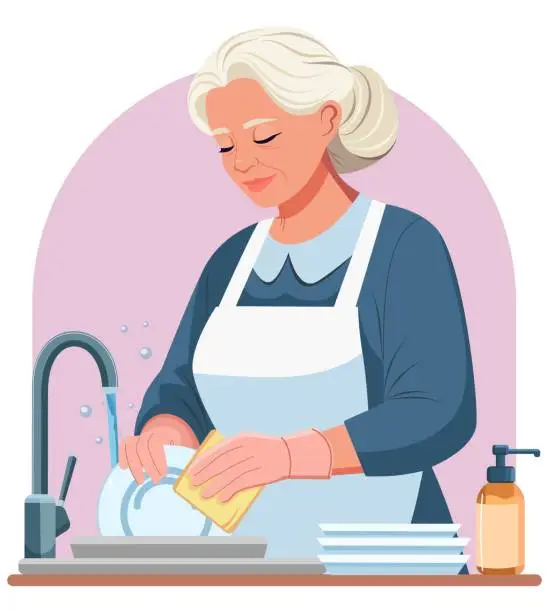Vector illustration of An elderly woman in work clothes washes dishes. Nanny services. A maid washes dishes in a hotel room.