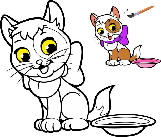 Vector illustration of Kitten with a bow, coloring book.