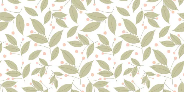 Vector illustration of Seamless pattern Spring Green leaves with Berries. Flat Vector Template, Floral Background for Textile, Fabric, Decoration, Wallpaper, Wrapping paper. Pastel Color Cartoon Botany Foliage Backdrop.