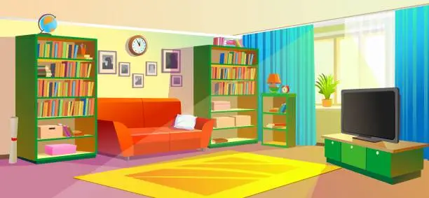 Vector illustration of Living, cozy room with sunlit sun. Interior of the living room.