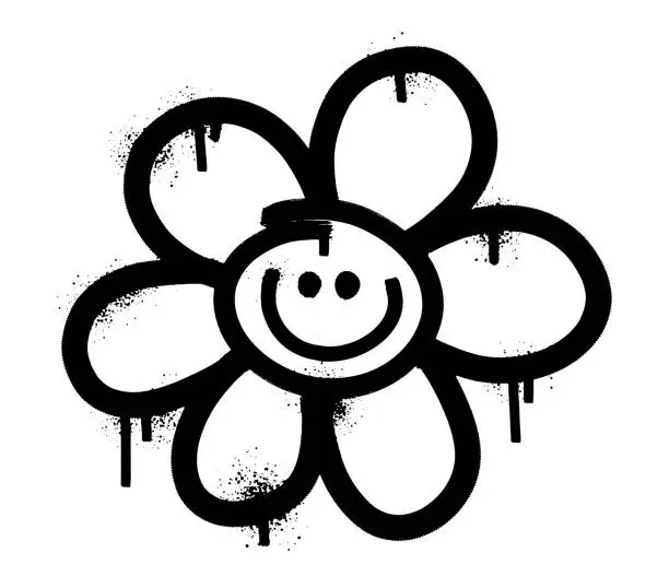 Vector illustration of Cute daisy flower graffiti drawing with black airbrush spray paint