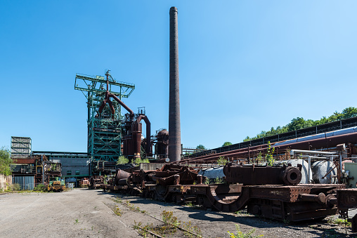Hattingen, Germany - August 9, 2022: Old industrial plants and a blast furnace, disused Henrichshuette steel works, now an industrial heritage museum, Hattingen, North Rhine-Westphalia, Germany