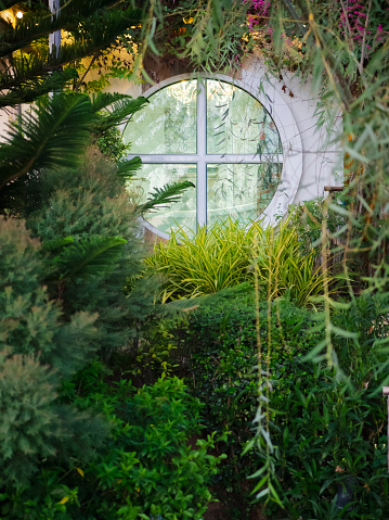 Round windows and lush bushes